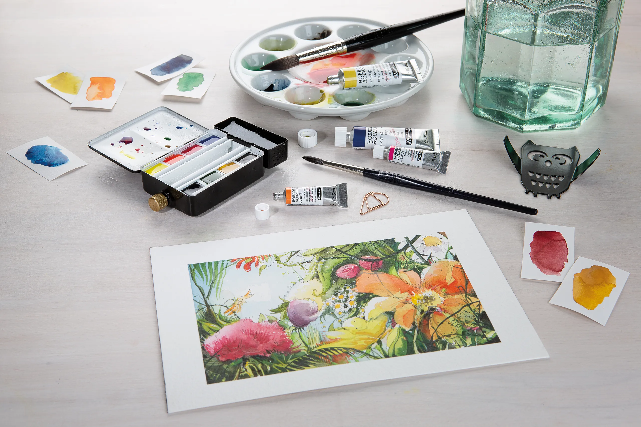 watercolor, art supplies, palette, brush, paint tubes