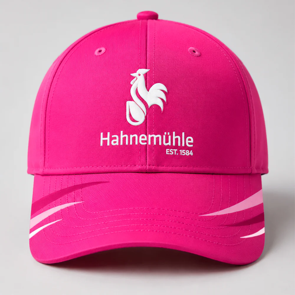 baseball cap, pink, rooster logo, embroidery, adjustable strap