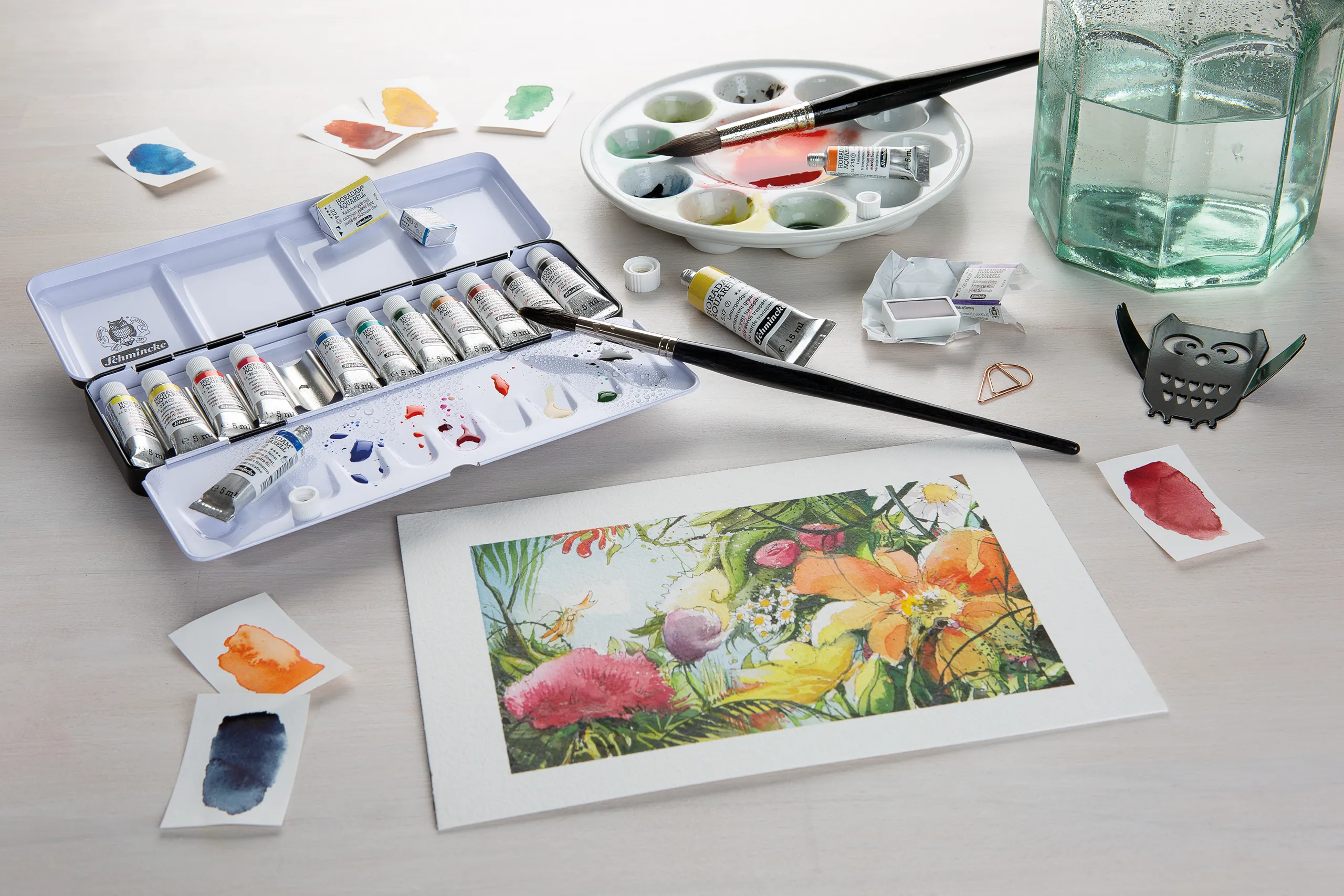 watercolor, paint set, artist materials, palette, brushes