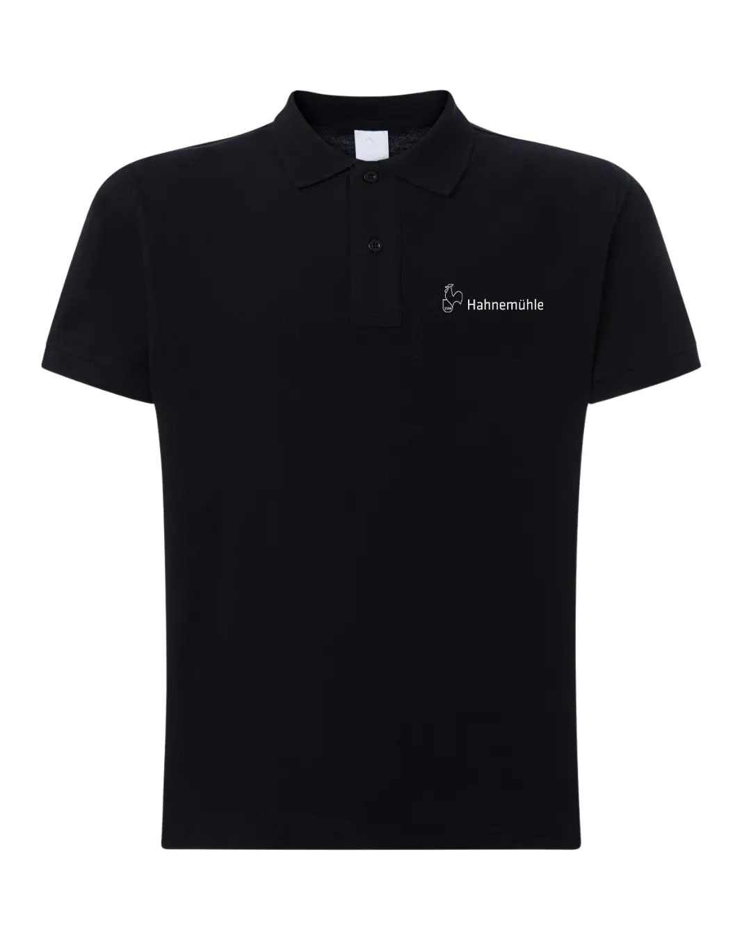 black polo shirt, short sleeves, collar, button placket, logo embroidery