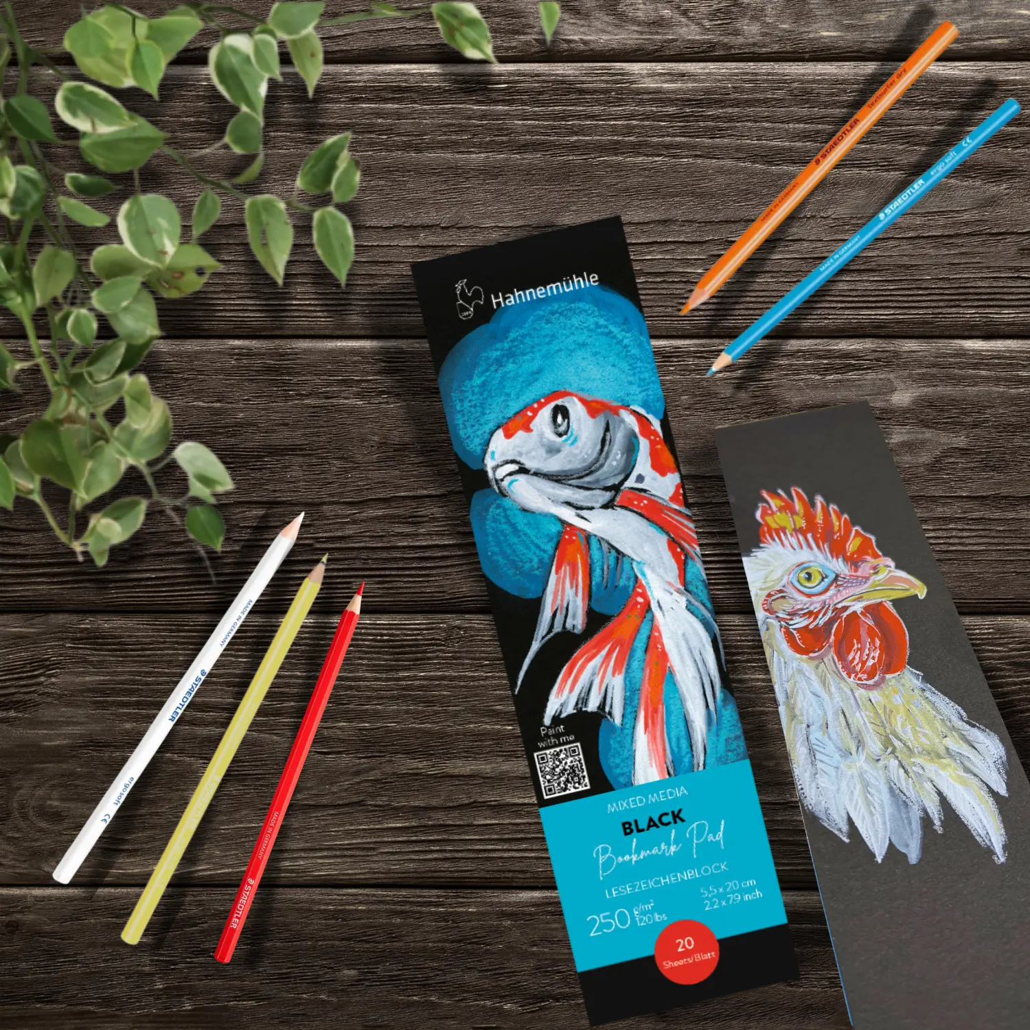 art notebook, colored pencils, rooster illustration, paper pad, drawing set