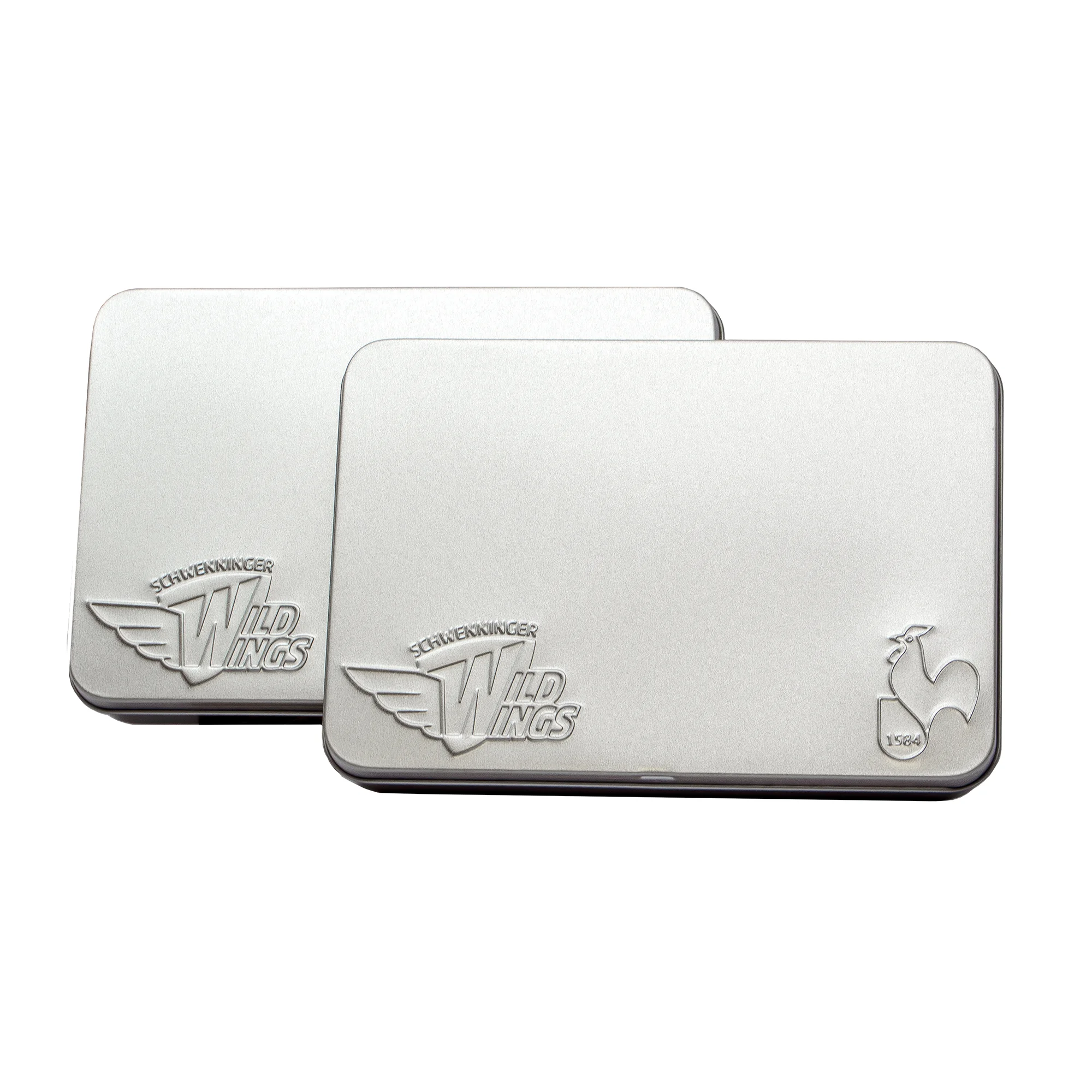 metal, tin, rectangular, silver, logo embossed