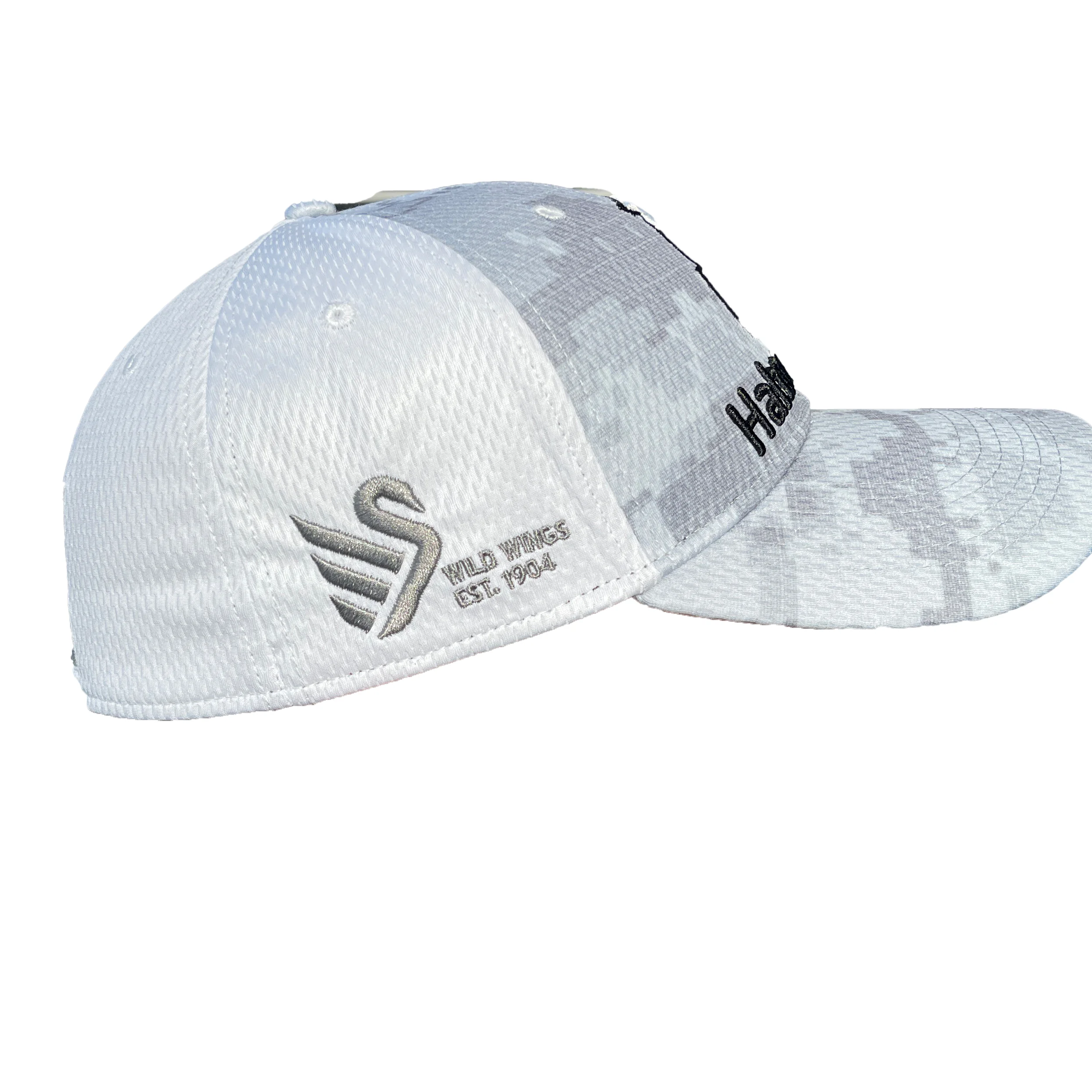 baseball cap, embroidered logo, mesh cap, adjustable strap, light gray