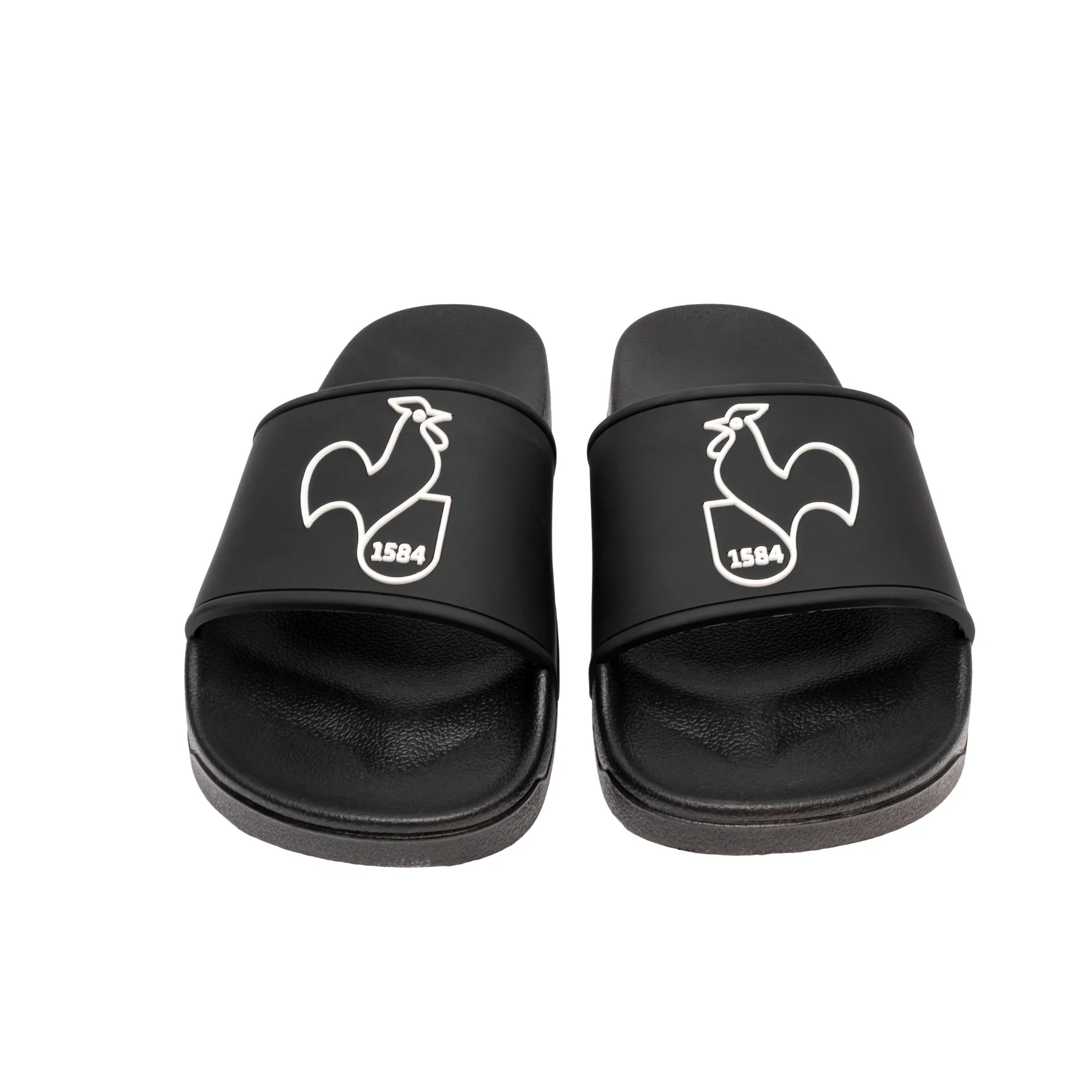 slides, sandals, black, slip-ons, rooster-crest