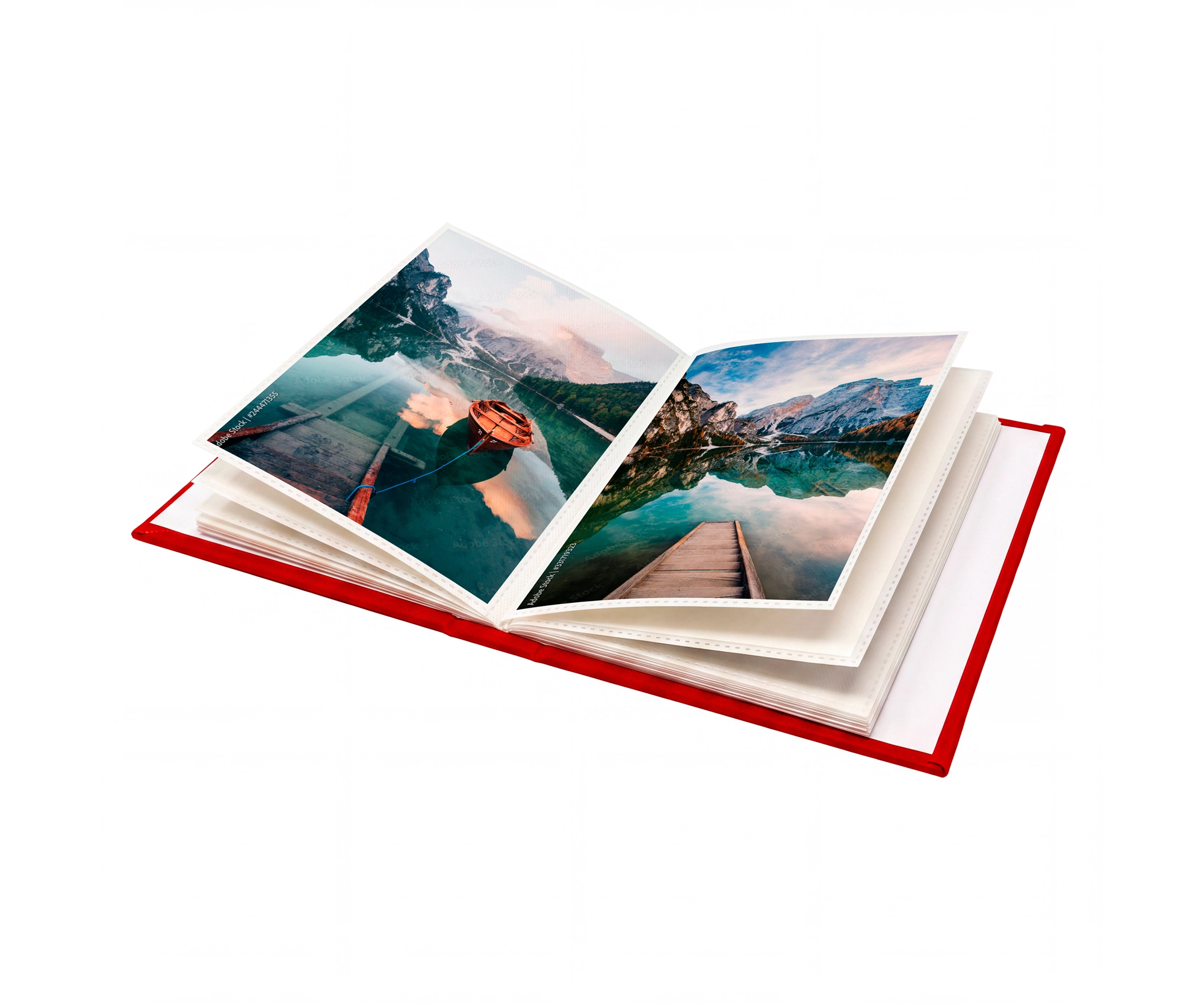photo album, open book, photographs, landscape photos, red cover