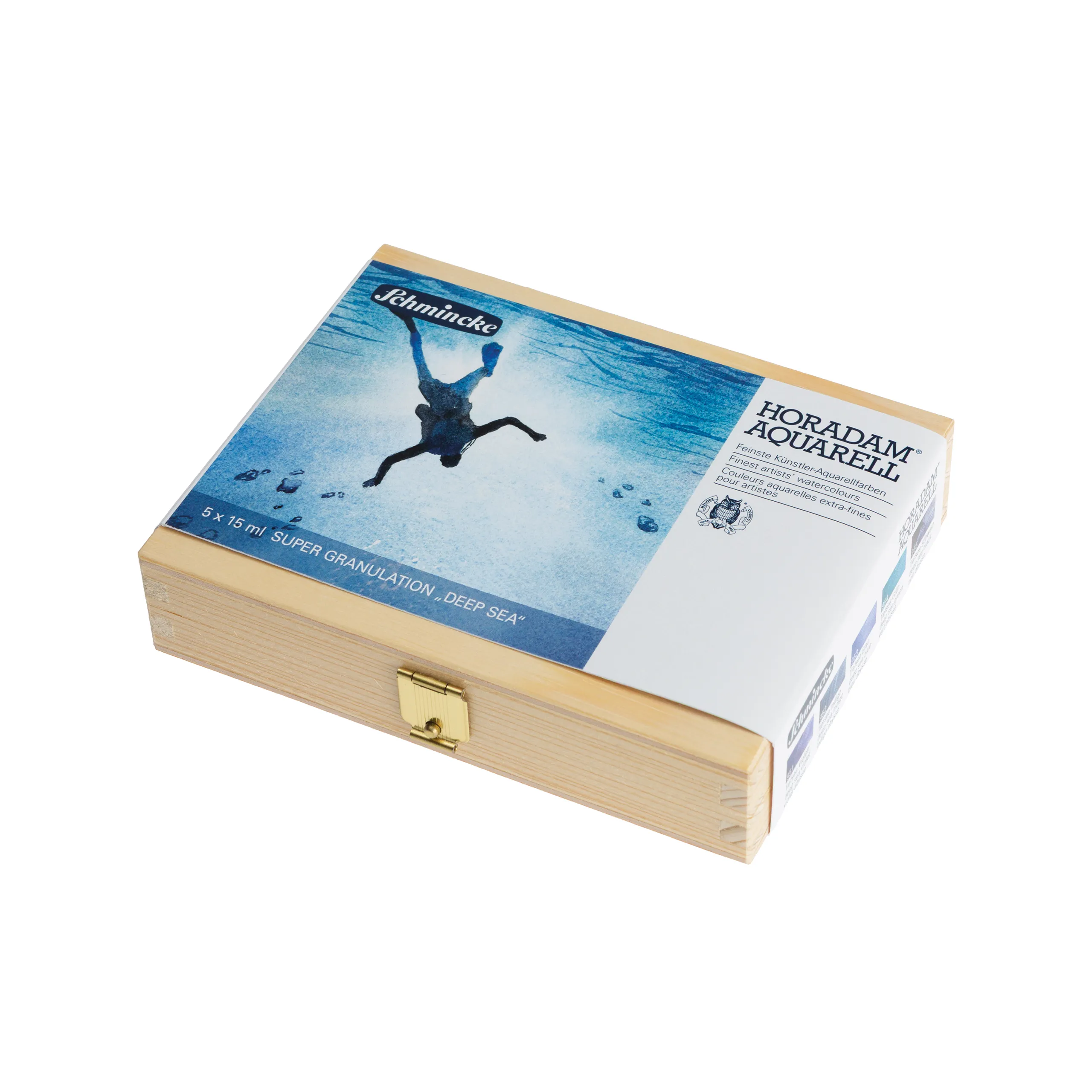 aqua colors, wooden box, art supplies, watercolor set, case with clasp