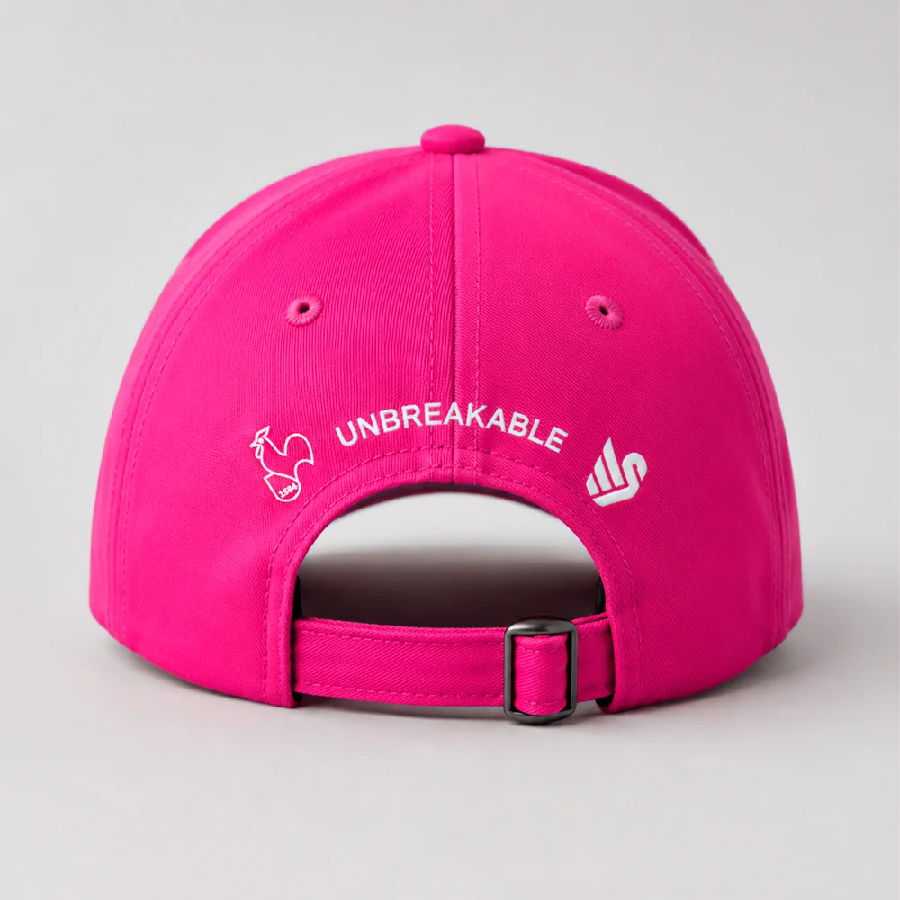 baseball cap, pink cap, adjustable strap, back view, unbreakable text