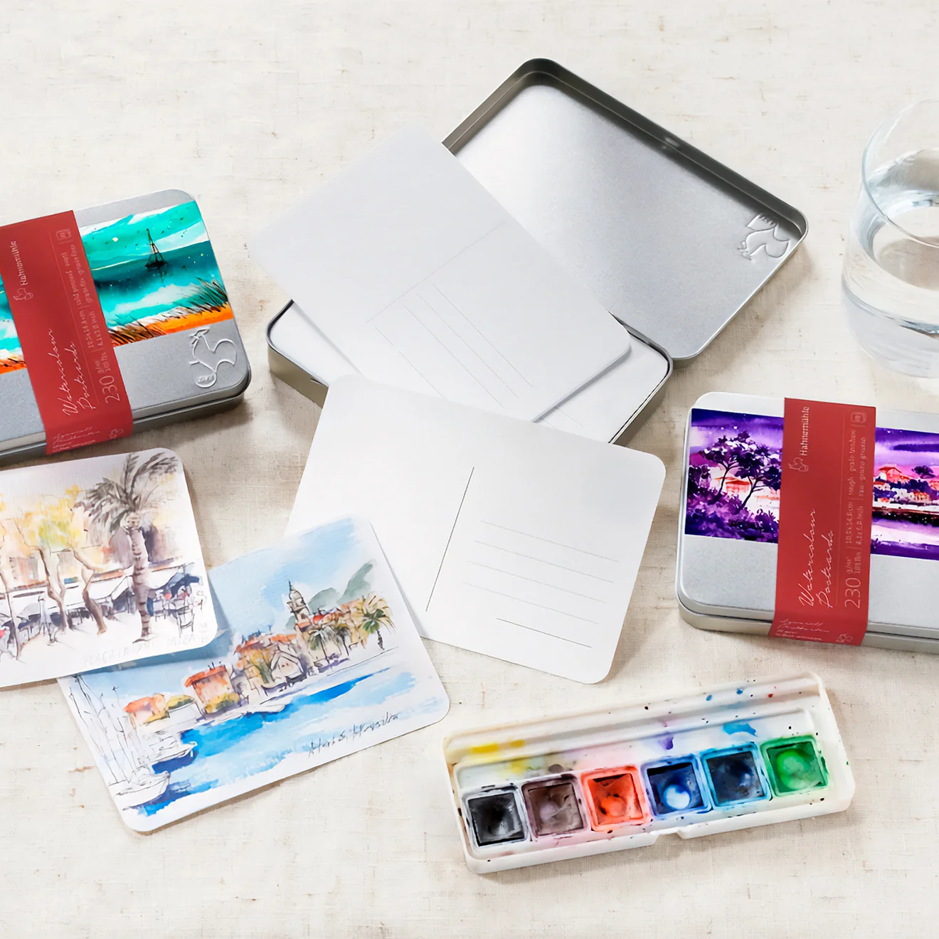 watercolor, postcard, tin box, palette, art set