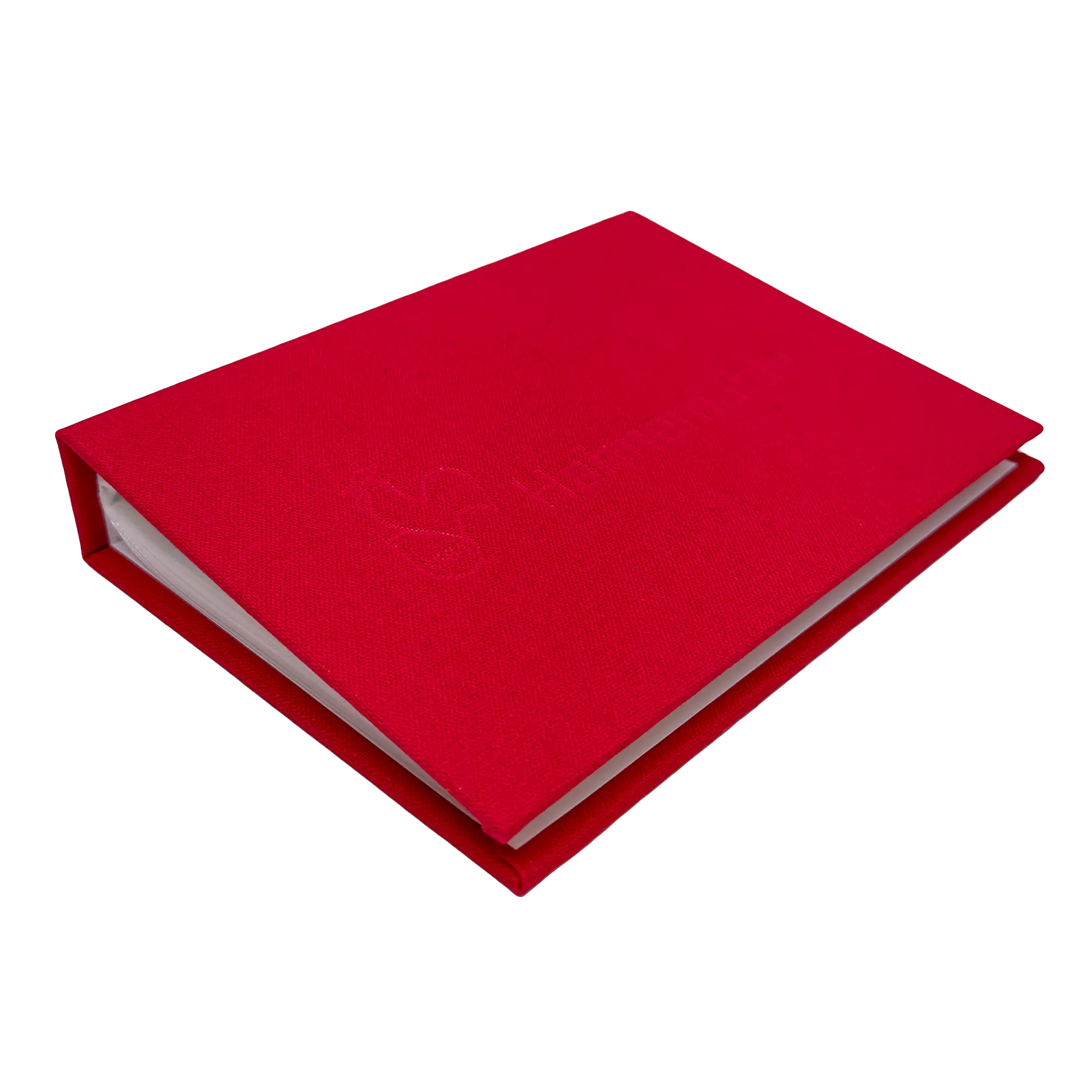 photo album, red cover, hardcover, embossed pattern, square