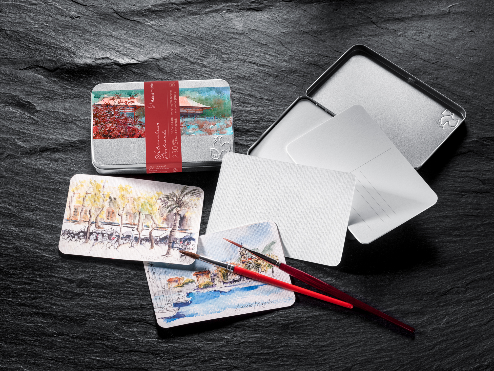 2 Aquarellpostkartenboxen mit Pinsel