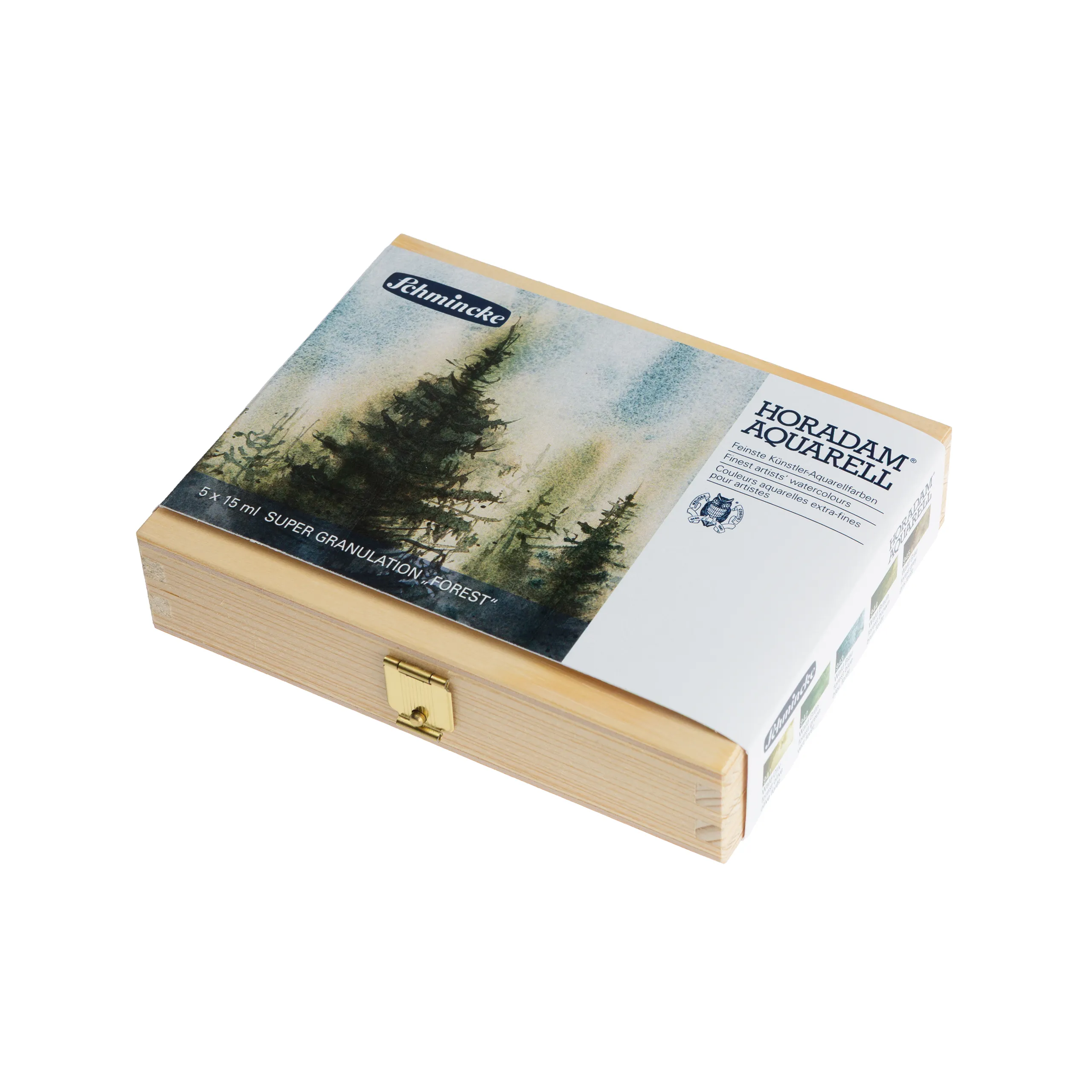 art supplies, watercolor, forest scene, wooden box, color sets