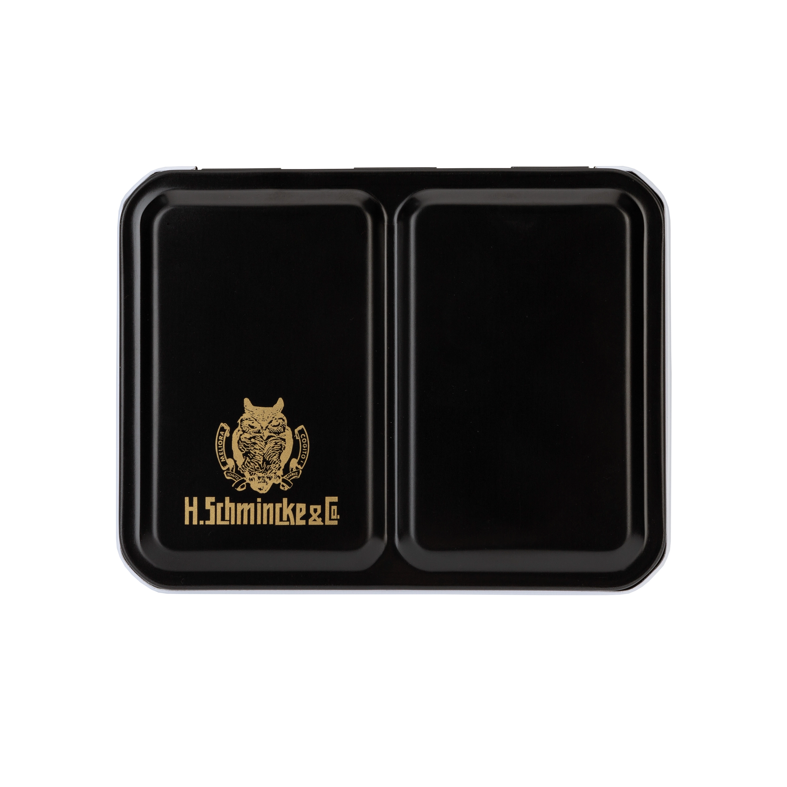 tin, two-compartment, black, metal, engraved-logo