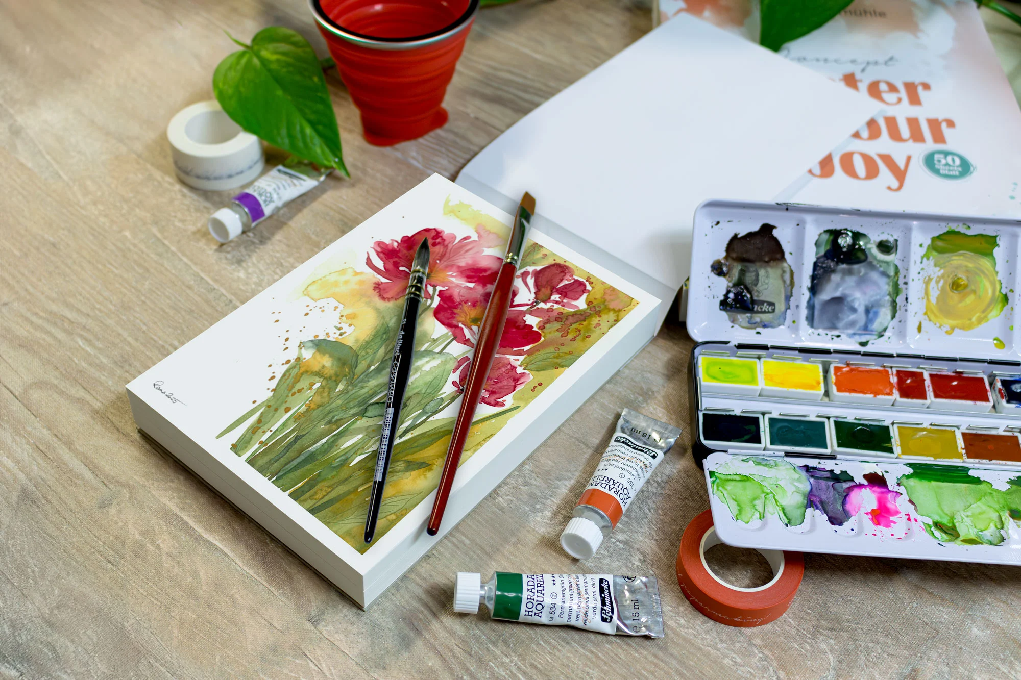art supplies, watercolor, paint set, brushes, sketchpad