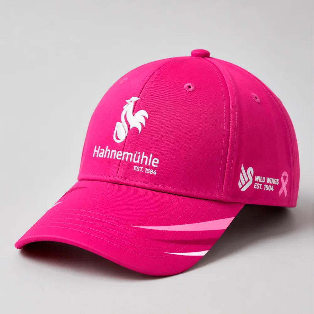 baseball cap, pink cap, embroidered logo, adjustable strap, six-panel hat