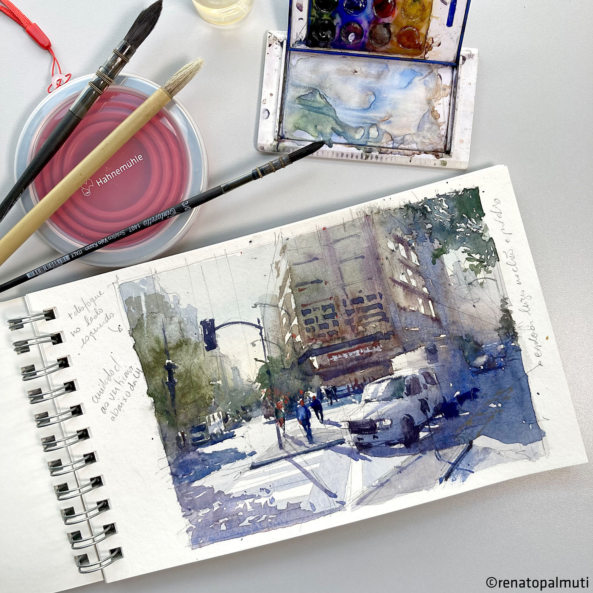 Bamboo mixed media carnet de voyage bemalt mit Pinsel und Malbecher