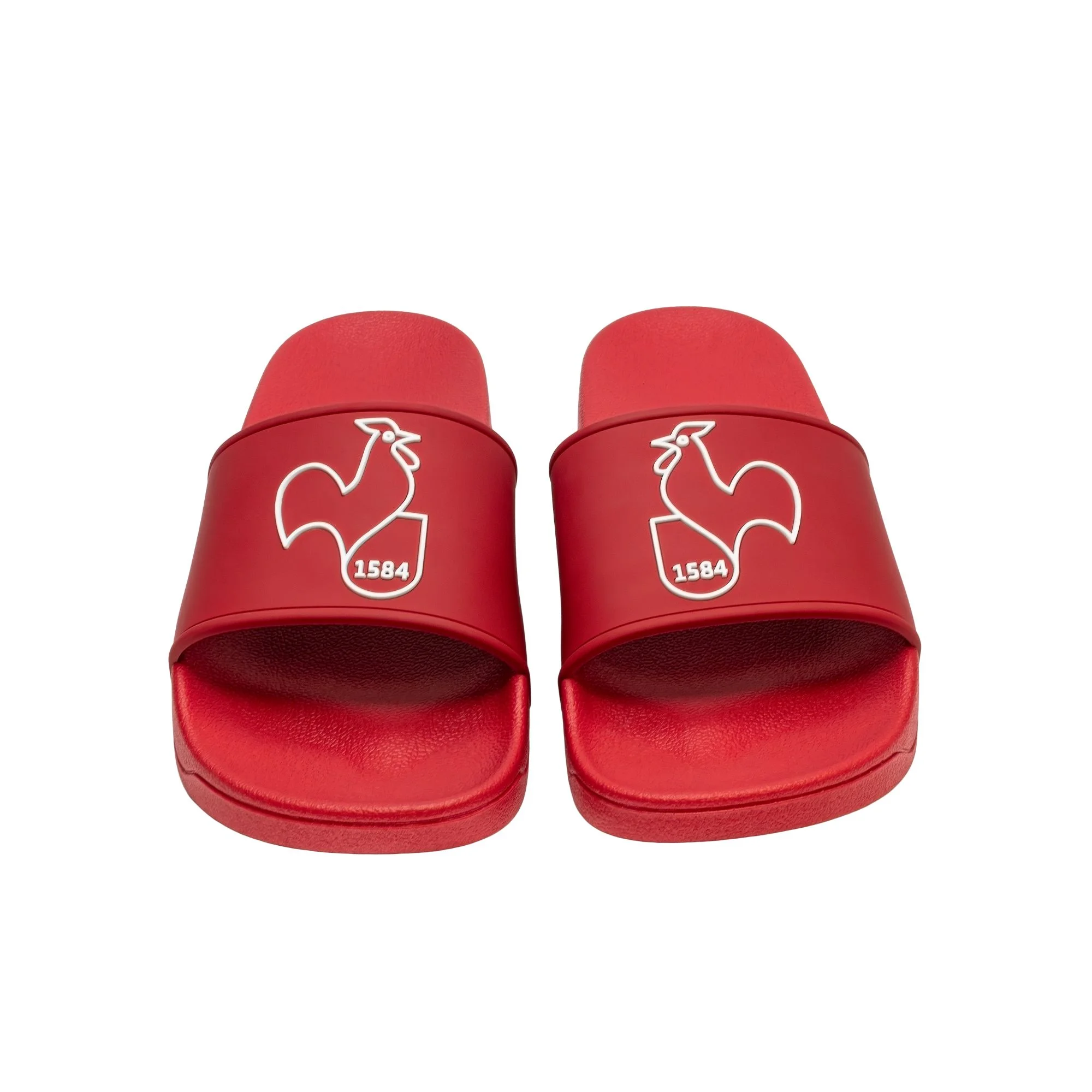 slides, slippers, red, rooster logo, open toe