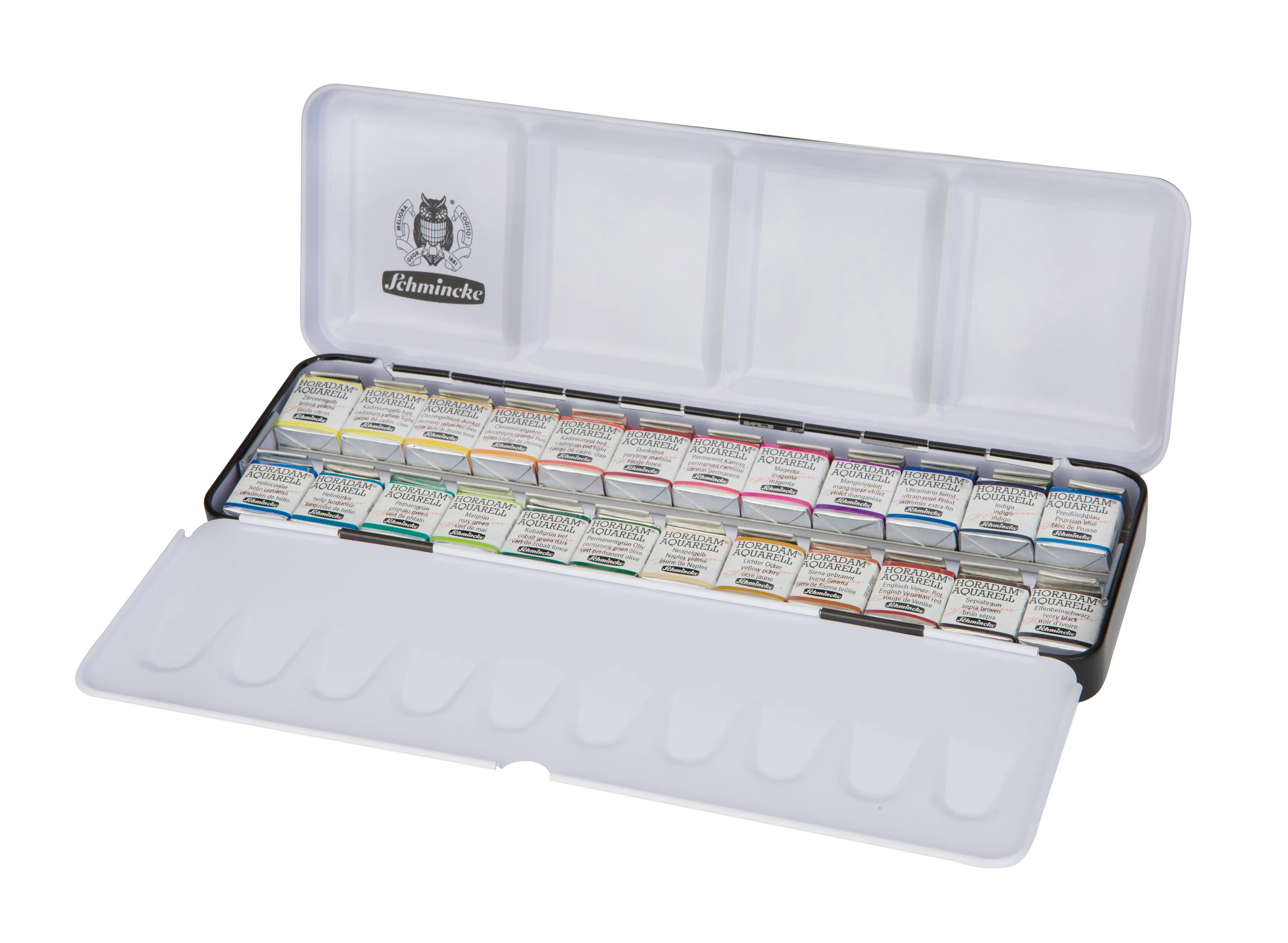 watercolor set, art supplies, housed tins, paint tubes, palette case