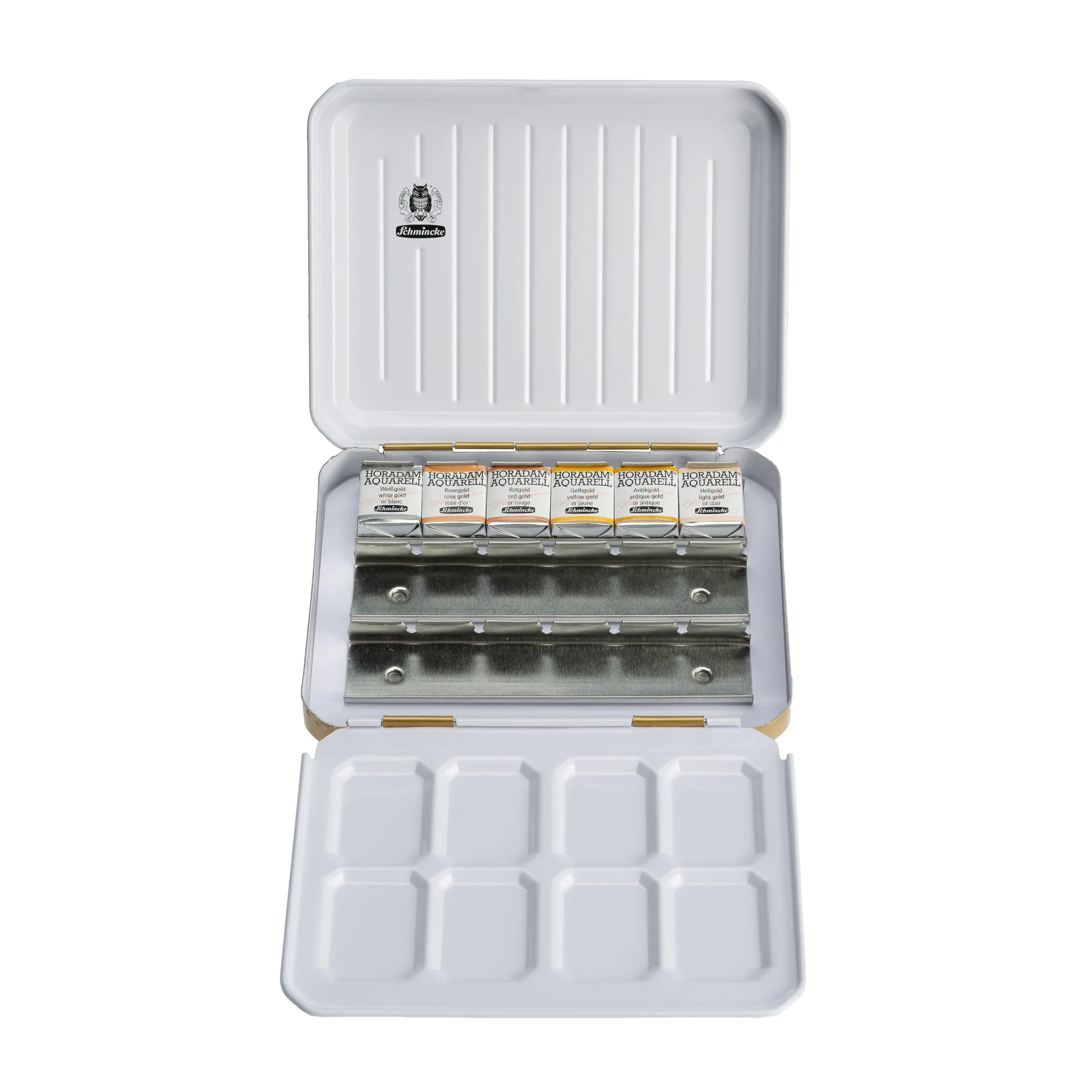 art supplies, watercolor pans, metal palette, airbrush case, paint set