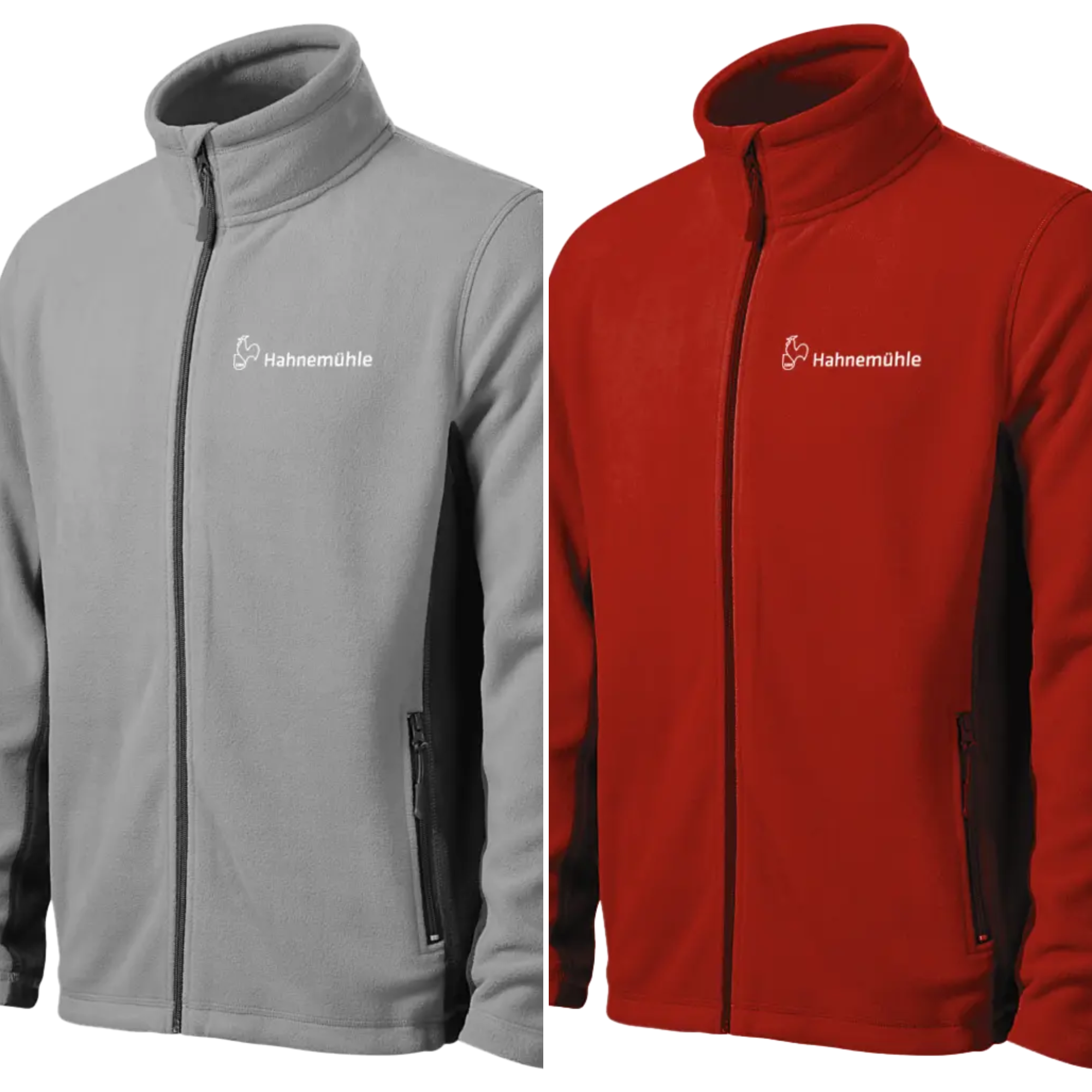 fleece jacket, full zip, stand-up collar, gray, red