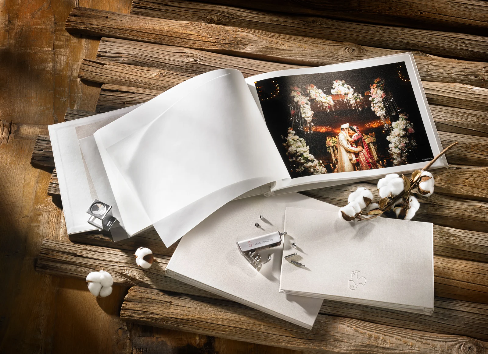 photo album, photo book, open book, wedding photo, cotton branch